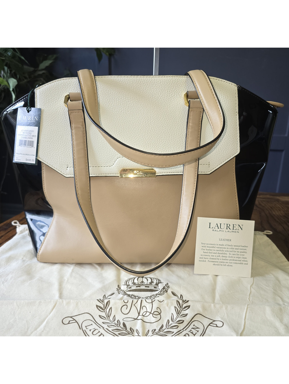 Lauren Ralph Lauren Leather Mitford Tote Bag Beige Black White Stylish Handbag